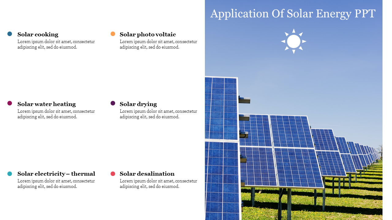 Application Of Solar Energy PPT Presentation Template